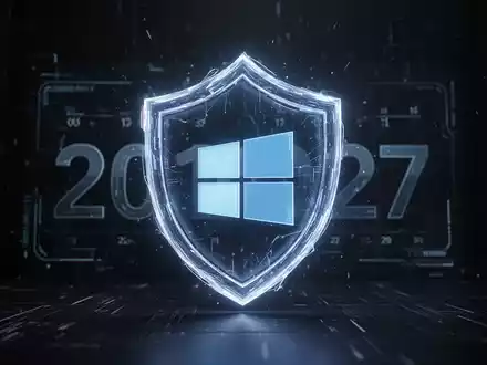 Leuchtendes Schildsymbol schützt Windows 10-Logo, Datum 2027 im Hintergrund, symbolisiert erweiterte Sicherheit. - Foto: über boerse-global.de