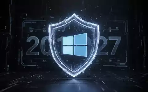 Leuchtendes Schildsymbol schützt Windows 10-Logo, Datum 2027 im Hintergrund, symbolisiert erweiterte Sicherheit. - Foto: über boerse-global.de