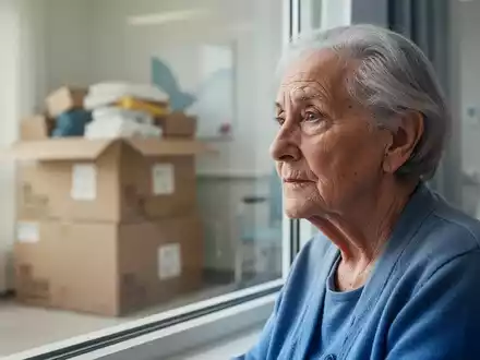 Ein nachdenklicher älterer Mensch blickt aus dem Fenster eines hellen Pflegeheimzimmers, im Hintergrund eine Umzugskiste. - Foto: über boerse-global.de
