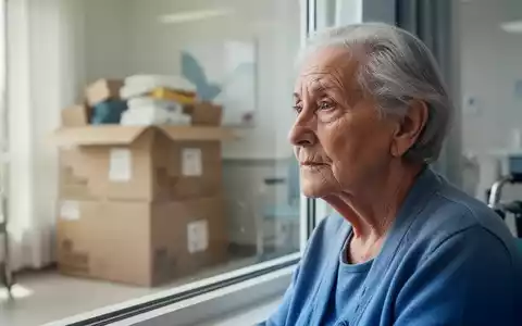 Ein nachdenklicher älterer Mensch blickt aus dem Fenster eines hellen Pflegeheimzimmers, im Hintergrund eine Umzugskiste. - Foto: über boerse-global.de