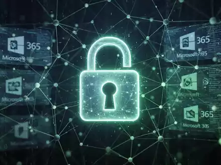 Leuchtendes Vorhängeschloss-Symbol über Datenpunkten, holografische Microsoft 365-Logos und Binärcode, symbolisiert digitale Sicherheit. - Foto: über boerse-global.de
