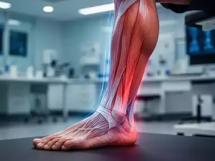 Nahaufnahme eines Unterschenkels, der Muskeln und Blutgefäße andeutet, in einem futuristischen, wissenschaftlichen Umfeld. - Foto: über boerse-global.de