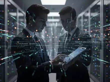 Eine Silhouette in einem Anzug betrachtet ein Tablet vor einem verschwommenen Hintergrund aus Serverracks, der Datenschutz und Compliance symbolisiert. - Foto: über boerse-global.de