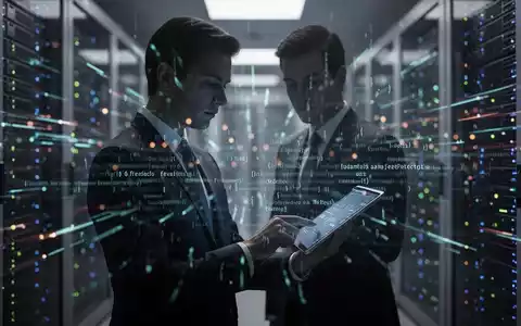 Eine Silhouette in einem Anzug betrachtet ein Tablet vor einem verschwommenen Hintergrund aus Serverracks, der Datenschutz und Compliance symbolisiert. - Foto: über boerse-global.de