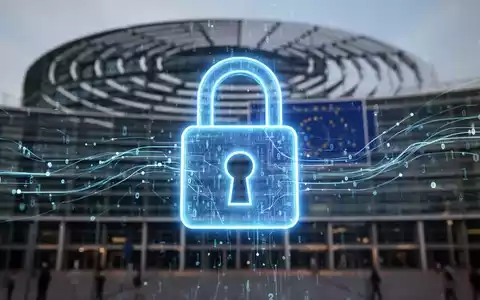 Ein stilisiertes, leuchtend blaues Vorhängeschloss-Symbol mit digitalen Datenströmen vor einem unscharfen Hintergrund des Europäischen Parlaments. - Foto: über boerse-global.de