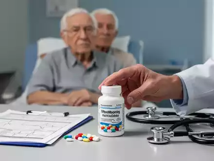 Eine Hand legt eine Medikamentenflasche auf einen Schreibtisch mit medizinischen Unterlagen, während ein älterer Patient im Hintergrund unscharf zu sehen ist. - Foto: über boerse-global.de