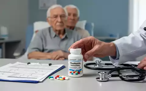 Eine Hand legt eine Medikamentenflasche auf einen Schreibtisch mit medizinischen Unterlagen, während ein älterer Patient im Hintergrund unscharf zu sehen ist. - Foto: über boerse-global.de