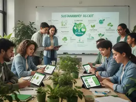 Lehrkräfte und Studierende lernen in einem modernen Klassenzimmer mit digitalen Geräten, Pflanzen und einer Tafel, die ökologische Konzepte zeigt. - Foto: über boerse-global.de