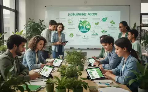 Lehrkräfte und Studierende lernen in einem modernen Klassenzimmer mit digitalen Geräten, Pflanzen und einer Tafel, die ökologische Konzepte zeigt. - Foto: über boerse-global.de