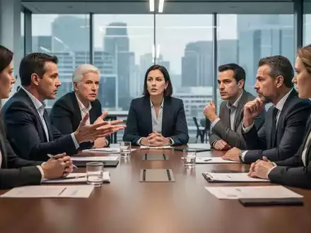 Ein Betriebsrat diskutiert intensiv an einem Konferenztisch. Eine Person gestikuliert, während andere aufmerksam zuhören, was Spannungen und Verhandlungen widerspiegelt. - Foto: über boerse-global.de