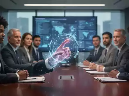 Mitarbeiter mit digitaler Aura bei der Arbeit, im Hintergrund ein unscharfer, statischer Konferenzraum, der die Kluft zwischen individueller und Unternehmensproduktivität symbolisiert. - Foto: über boerse-global.de