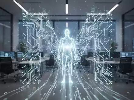 Stilisierte neuronale Netzstruktur mit Datenströmen zu einer leuchtenden holografischen KI in einem modernen Tech-Büro. - Foto: über boerse-global.de