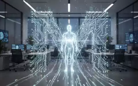 Stilisierte neuronale Netzstruktur mit Datenströmen zu einer leuchtenden holografischen KI in einem modernen Tech-Büro. - Foto: über boerse-global.de