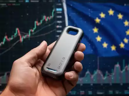 Eine Hand hält eine Hardware-Kryptowährungs-Wallet, mit unscharfem Hintergrund aus digitalen Charts und einer dezenten EU-Flagge, die sicheres digitales Asset-Management symbolisiert. - Foto: über boerse-global.de