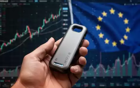 Eine Hand hält eine Hardware-Kryptowährungs-Wallet, mit unscharfem Hintergrund aus digitalen Charts und einer dezenten EU-Flagge, die sicheres digitales Asset-Management symbolisiert. - Foto: über boerse-global.de