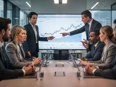 Menschen sitzen an einem Tisch, diskutieren ernsthaft, während eine Person auf einen Finanzchart auf einem Bildschirm zeigt. - Foto: über boerse-global.de