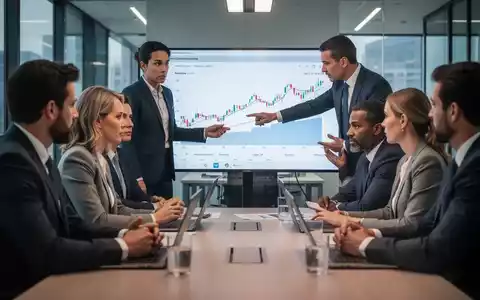 Menschen sitzen an einem Tisch, diskutieren ernsthaft, während eine Person auf einen Finanzchart auf einem Bildschirm zeigt. - Foto: über boerse-global.de
