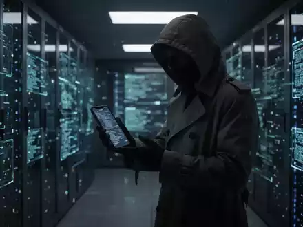 Schattenhafte Gestalt im Trenchcoat in futuristischem Serverraum, hält Smartphone mit digitalen Datenströmen. - Foto: über boerse-global.de