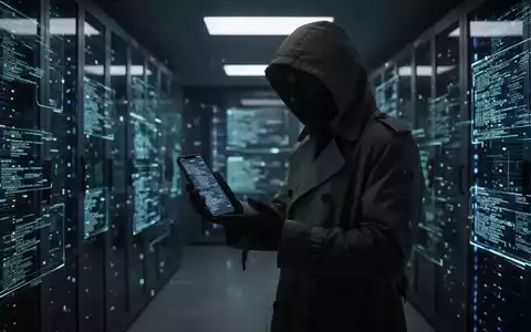 Schattenhafte Gestalt im Trenchcoat in futuristischem Serverraum, hält Smartphone mit digitalen Datenströmen. - Foto: über boerse-global.de