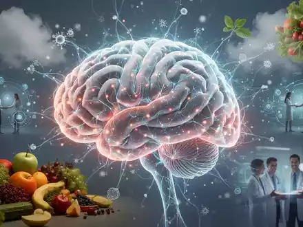 Ein stilisiertes menschliches Gehirn mit leuchtenden neuronalen Netzwerken, umgeben von Elementen wie sauberer Luft und gesunder Ernährung. - Foto: über boerse-global.de