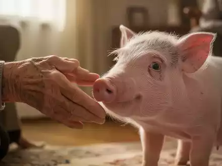 Eine ältere Hand streichelt sanft die Schnauze eines kleinen, sauberen Schweins, das ruhig und zufrieden aussieht. - Foto: über boerse-global.de
