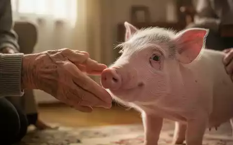 Eine ältere Hand streichelt sanft die Schnauze eines kleinen, sauberen Schweins, das ruhig und zufrieden aussieht. - Foto: über boerse-global.de
