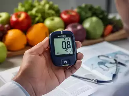 Eine Hand hält ein Blutzuckermessgerät mit einer klaren Anzeige. Im Hintergrund sind unscharf gesunde Lebensmittel und eine medizinische Zeitschrift zu sehen. - Foto: über boerse-global.de
