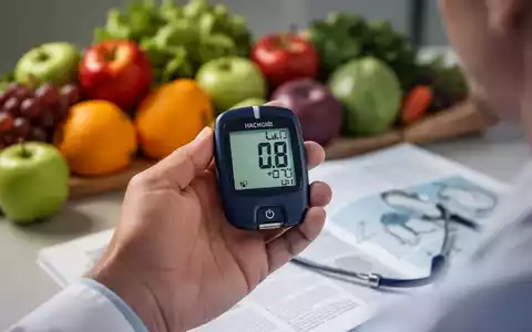 Eine Hand hält ein Blutzuckermessgerät mit einer klaren Anzeige. Im Hintergrund sind unscharf gesunde Lebensmittel und eine medizinische Zeitschrift zu sehen. - Foto: über boerse-global.de