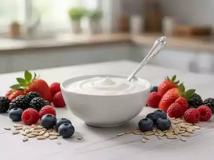 Eine Nahaufnahme einer kleinen Schale Naturjoghurt mit Beeren und Getreide auf einem Holztisch, Fokus auf gesunde Ernährung. - Foto: über boerse-global.de