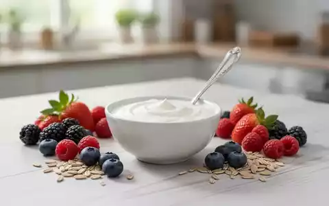 Eine Nahaufnahme einer kleinen Schale Naturjoghurt mit Beeren und Getreide auf einem Holztisch, Fokus auf gesunde Ernährung. - Foto: über boerse-global.de