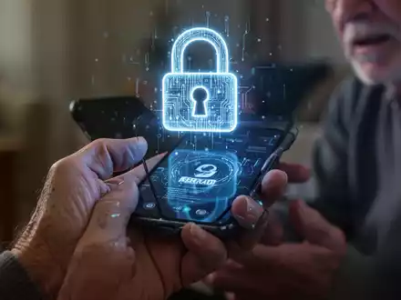 Eine Nahaufnahme der Hand einer älteren Person, die besorgt auf ein Smartphone schaut, mit einem digitalen Schloss-Symbol darüber schwebend. - Foto: über boerse-global.de