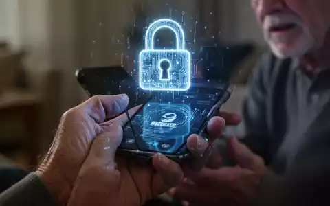 Eine Nahaufnahme der Hand einer älteren Person, die besorgt auf ein Smartphone schaut, mit einem digitalen Schloss-Symbol darüber schwebend. - Foto: über boerse-global.de