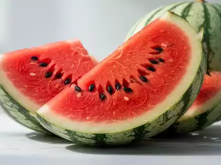 Nahaufnahme einer perfekt geschnittenen Wassermelone mit rotem Fruchtfleisch und schwarzen Kernen, die Frische und Gesundheit ausstrahlt. - Foto: über boerse-global.de