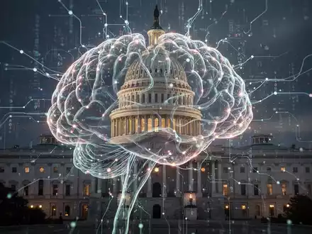 Ein stilisiertes neuronales Netzwerk, das mit dem US-Kapitolgebäude verschmilzt, symbolisiert die Regulierung von KI durch die Regierung. - Foto: über boerse-global.de