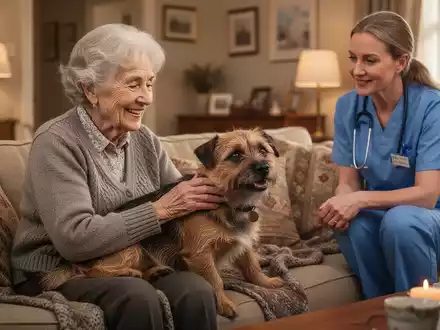Eine lächelnde ältere Frau streichelt einen Border Terrier, während eine Freiwillige zusieht, in einem gemütlichen Wohnzimmer. - Foto: über boerse-global.de