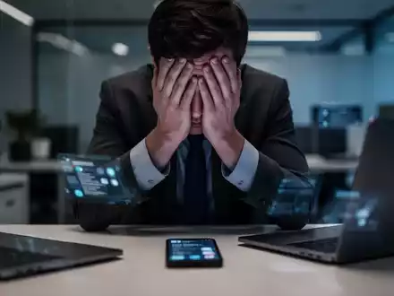 Eine Person mit Händen vor dem Gesicht, umgeben von verschwommenen digitalen Geräten, die Erschöpfung und digitalen Stress darstellt. - Foto: über boerse-global.de