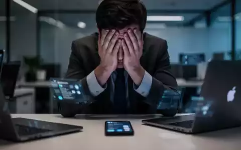 Eine Person mit Händen vor dem Gesicht, umgeben von verschwommenen digitalen Geräten, die Erschöpfung und digitalen Stress darstellt. - Foto: über boerse-global.de