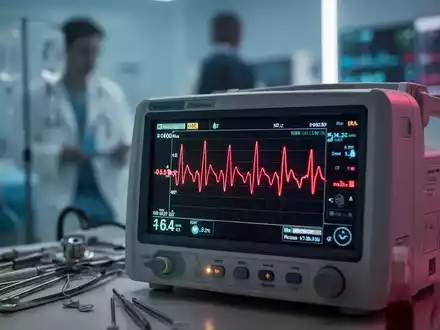 Nahaufnahme eines Herzfrequenzmonitors mit unregelmäßiger Wellenform und verschwommenem medizinischem Hintergrund. - Foto: über boerse-global.de