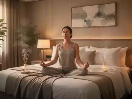 Eine Person meditiert auf einem Bett in einem luxuriösen Hotelzimmer, das Ruhe und Entspannung ausstrahlt. - Foto: über boerse-global.de