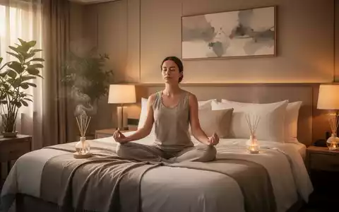 Eine Person meditiert auf einem Bett in einem luxuriösen Hotelzimmer, das Ruhe und Entspannung ausstrahlt. - Foto: über boerse-global.de