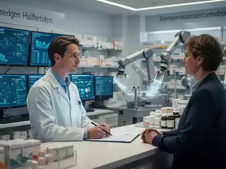 Ein Apotheker berät einen Patienten, umgeben von digitalen Bildschirmen und robotergestützter Apothekenautomation in einer modernen Umgebung. - Foto: über boerse-global.de