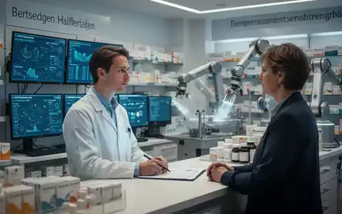 Ein Apotheker berät einen Patienten, umgeben von digitalen Bildschirmen und robotergestützter Apothekenautomation in einer modernen Umgebung. - Foto: über boerse-global.de
