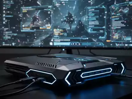 Schlanke, futuristische Spielkonsole mit blauen Lichtakzenten, verbunden mit einem großen 4K-Fernseher, der ein pixeliges Spiel zeigt. - Foto: über boerse-global.de