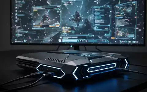 Schlanke, futuristische Spielkonsole mit blauen Lichtakzenten, verbunden mit einem großen 4K-Fernseher, der ein pixeliges Spiel zeigt. - Foto: über boerse-global.de