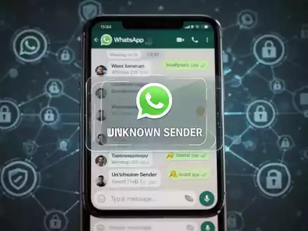 Ein Smartphone-Bildschirm mit einem WhatsApp-Chat und einer Sicherheitswarnung vor einem unbekannten Absender, vor einem Hintergrund digitaler Sicherheit. - Foto: über boerse-global.de