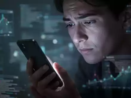 Eine Person hält ein Smartphone in einem dunklen Raum, dessen Bildschirm das Gesicht leicht beleuchtet und digitale Überlastung andeutet. - Foto: über boerse-global.de