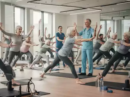 Eine Gruppe von Menschen unterschiedlichen Alters, darunter Senioren, nimmt an einem Physiotherapie-Kurs teil, der von einem Therapeuten geleitet wird. - Foto: über boerse-global.de