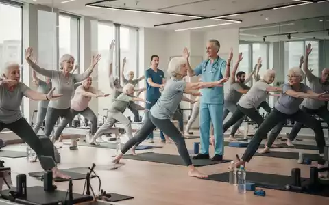 Eine Gruppe von Menschen unterschiedlichen Alters, darunter Senioren, nimmt an einem Physiotherapie-Kurs teil, der von einem Therapeuten geleitet wird. - Foto: über boerse-global.de