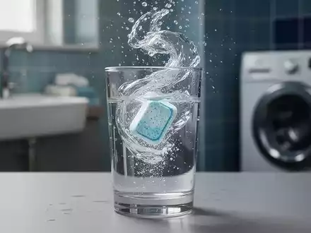 Eine Spülmaschinentablette löst sich in einem Glas Wasser auf, mit verschwommenen Haushaltsgeräten im Hintergrund. - Foto: über boerse-global.de