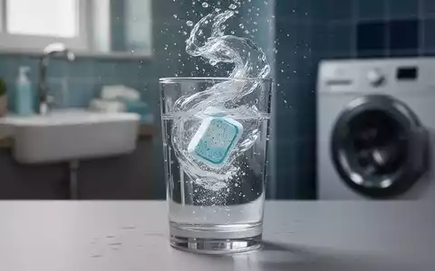 Eine Spülmaschinentablette löst sich in einem Glas Wasser auf, mit verschwommenen Haushaltsgeräten im Hintergrund. - Foto: über boerse-global.de